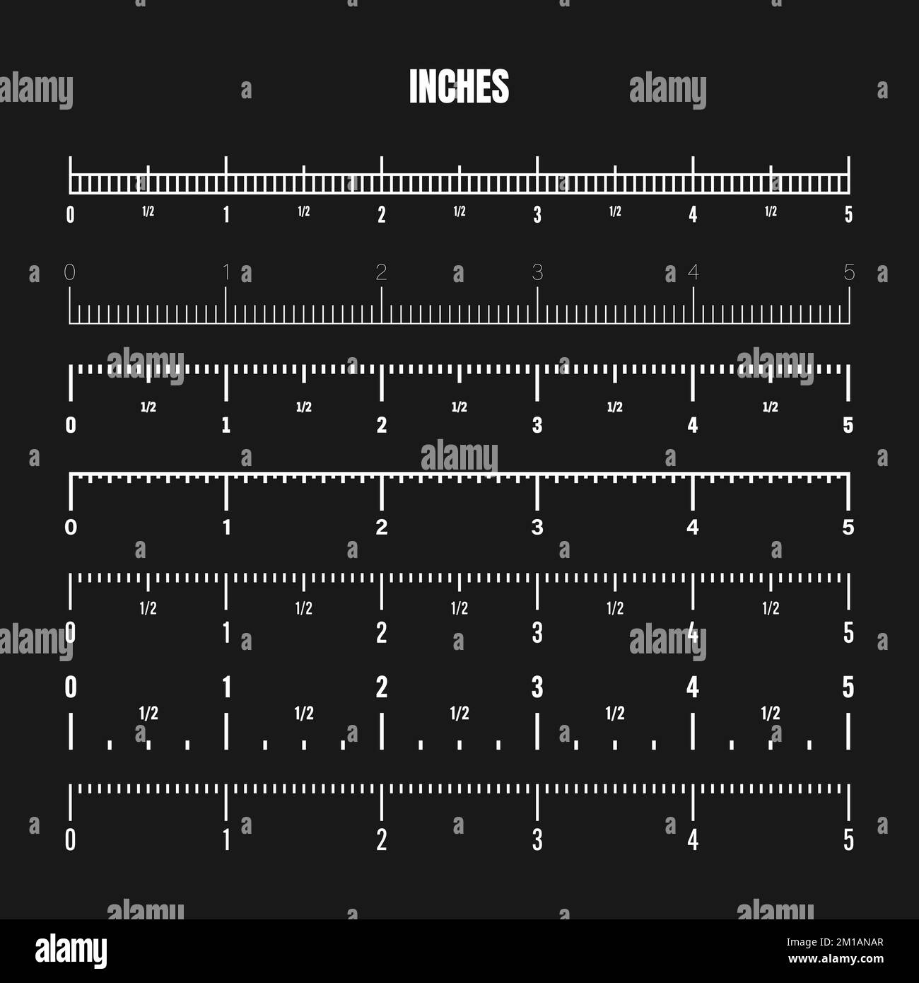 Realistic white inch scale for measuring length or height. Various