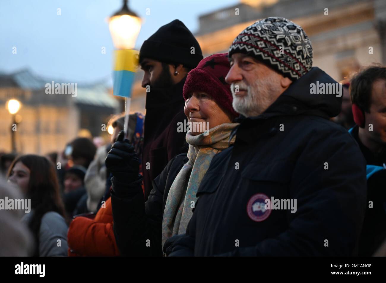 London, United Kingdom. 11th December 2022: The Ukrainian Cathedral Choir for the British Ukrainian Aid - Ukraine Fundraiser with beautiful people singing in Ukrainian and English carols performed under the Christmas tree at Trafalgar Square. Credit: See Li/Picture Capital/Alamy Live News Stock Photo
