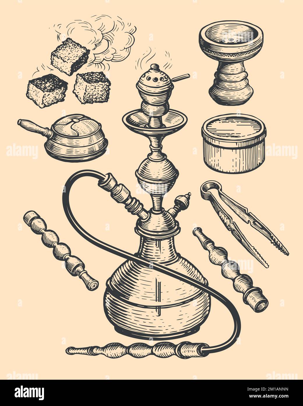 Hookah and accessories sketch. Shisha, tobacco, tongs, charcoal. Hand drawn vintage vector illustration Stock Vector