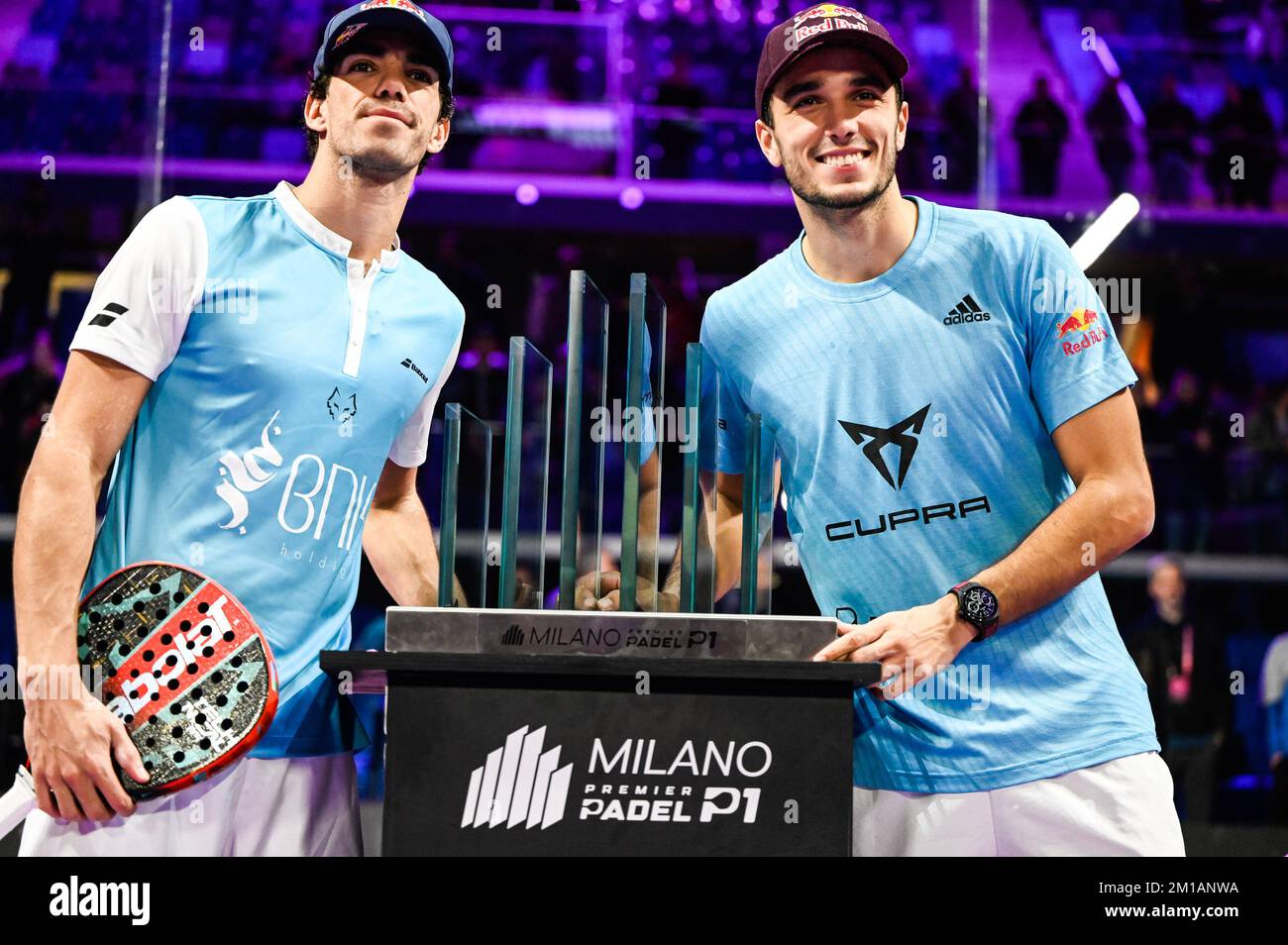 Milan, Italy. 11 December, 2022. Juan Lebron of Spain with Alejandro Galan  of Spain during the cerimony awards the Final of Milan Premier Padel P1  2022 celebrated at Allianz Cloud on December