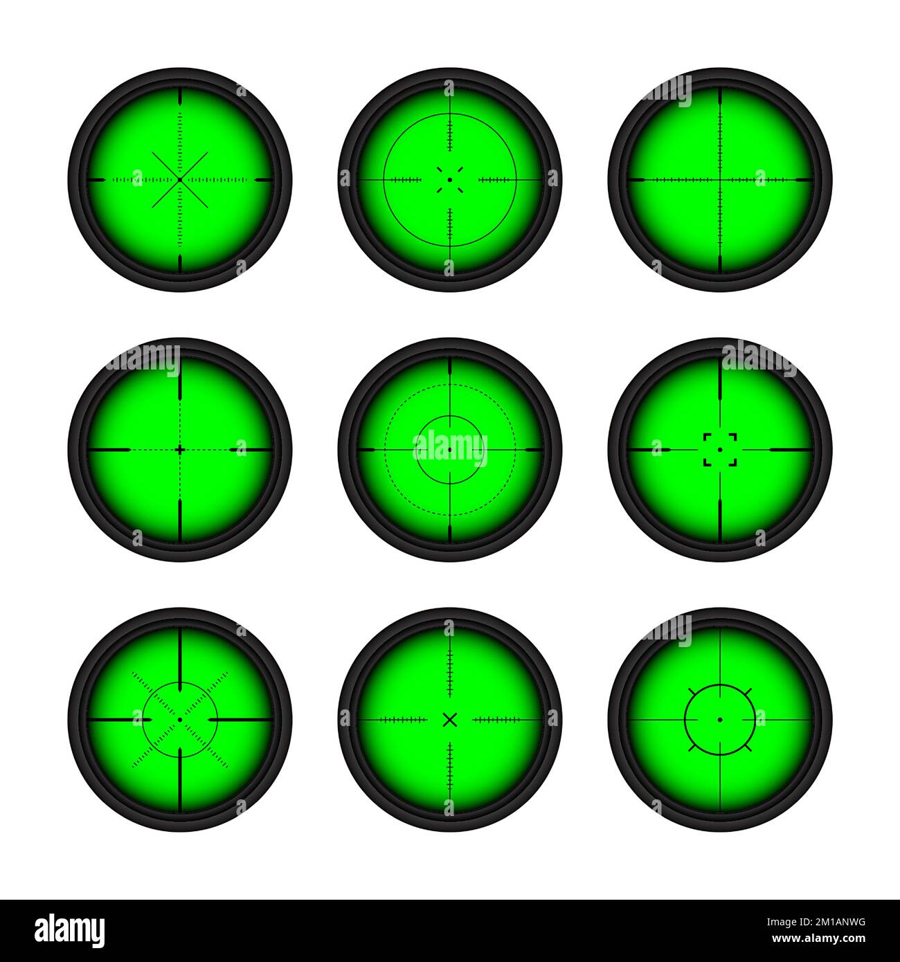 Various weapon night sights, sniper rifle optical scopes. Hunting gun