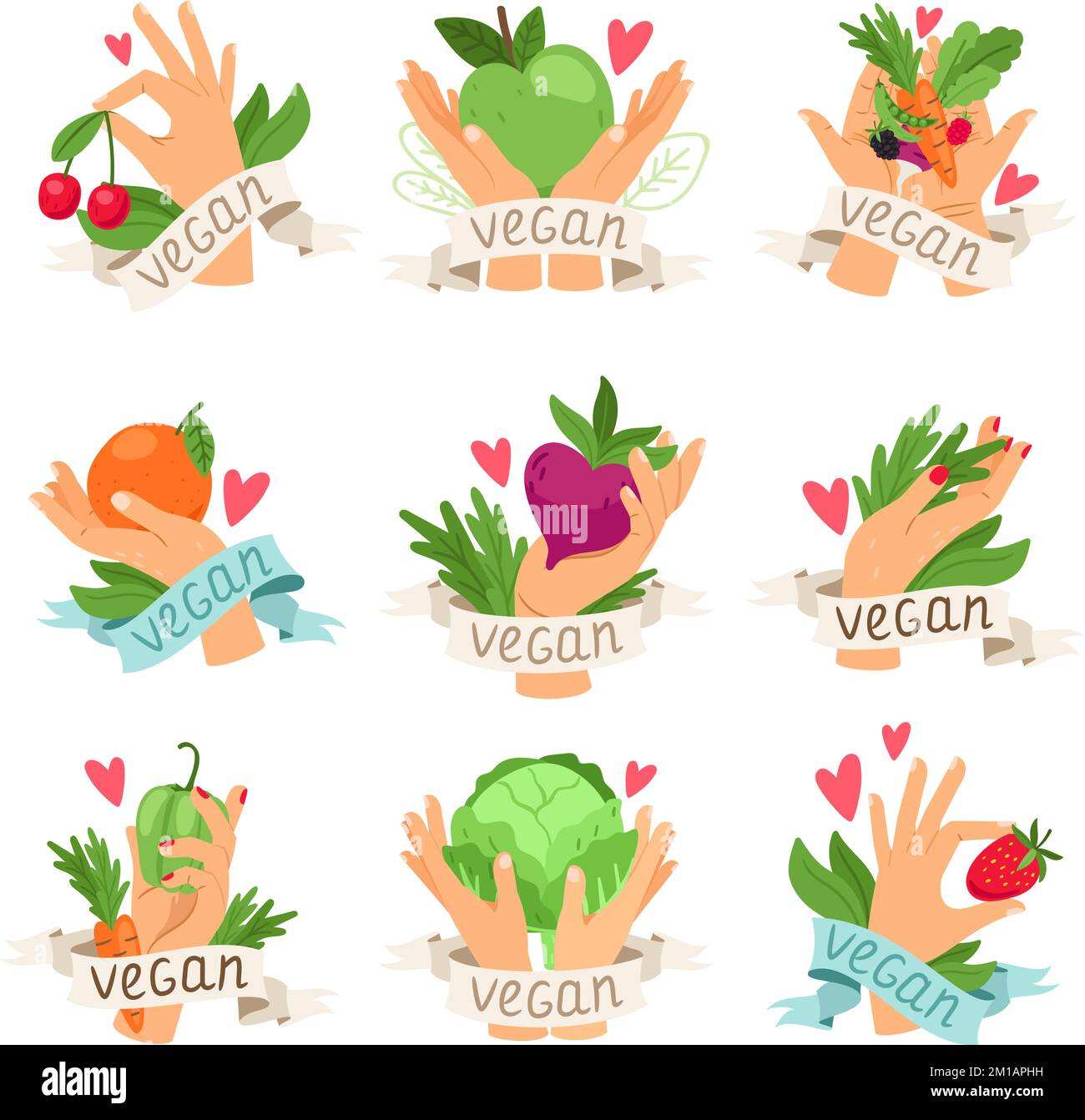Vegan vector isolated labels with vegetables, fruits, berries and hands. Set of colourful icons
