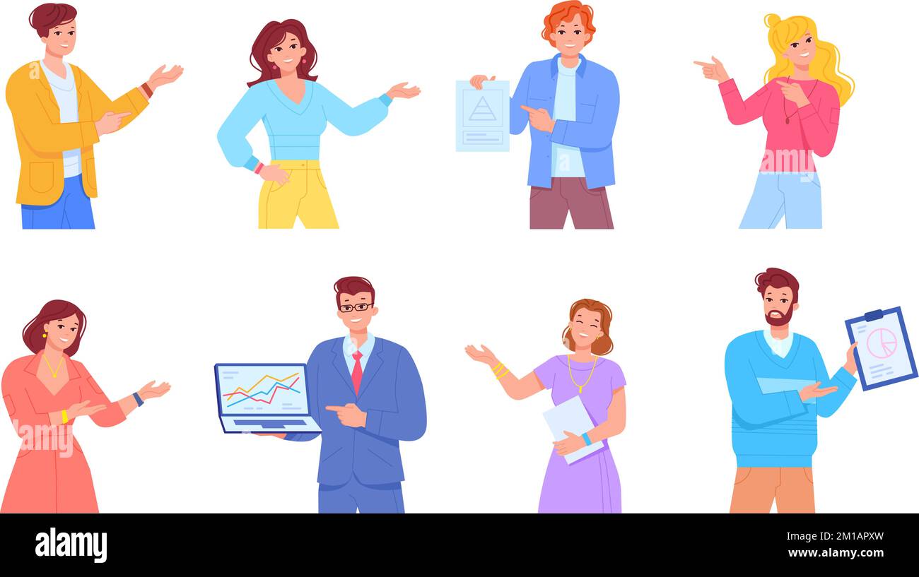 People introducing product. Presenter showing hand aside, promoting