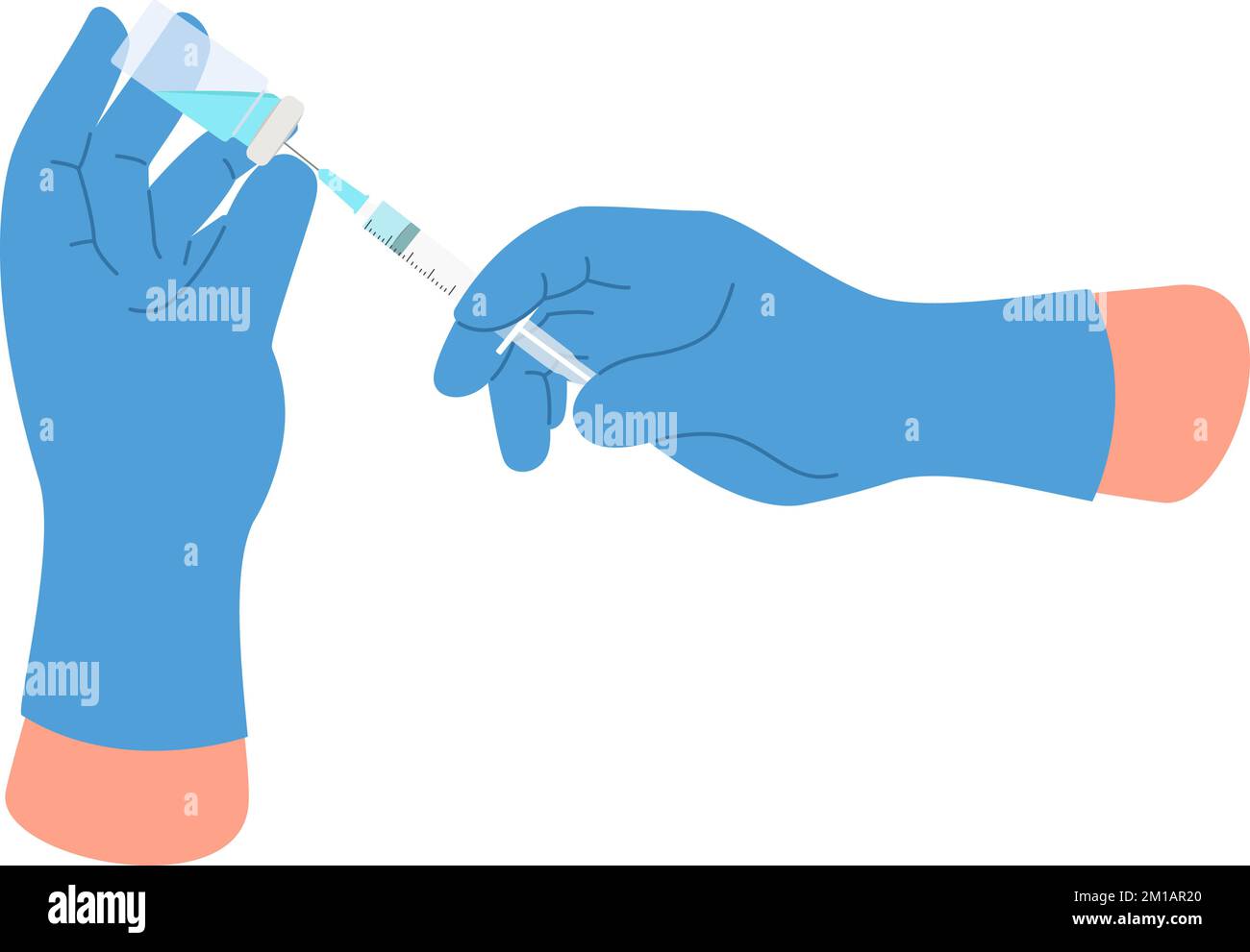 Medical hands with vaccine ampoule and syringe. Injection preparation ...