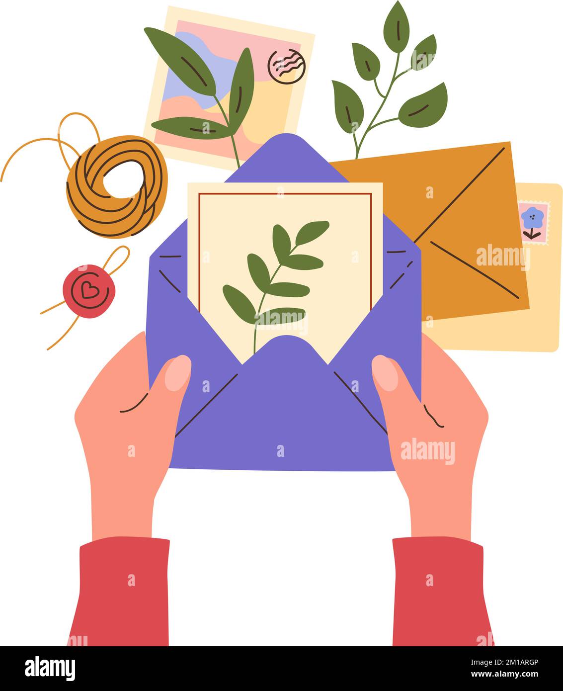 Postal envelopes in hands. Human arms write letters and sign postcards