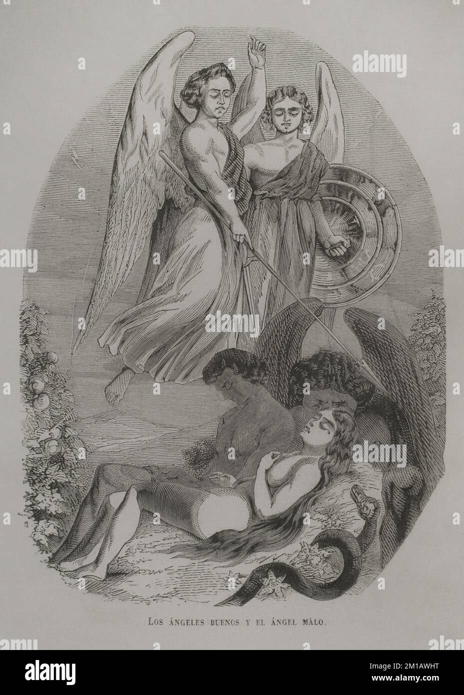 The good angels and the bad angel. Engraving. 'Los Héroes y las Grandezas de la Tierra'. Volume I. 1854. Stock Photo