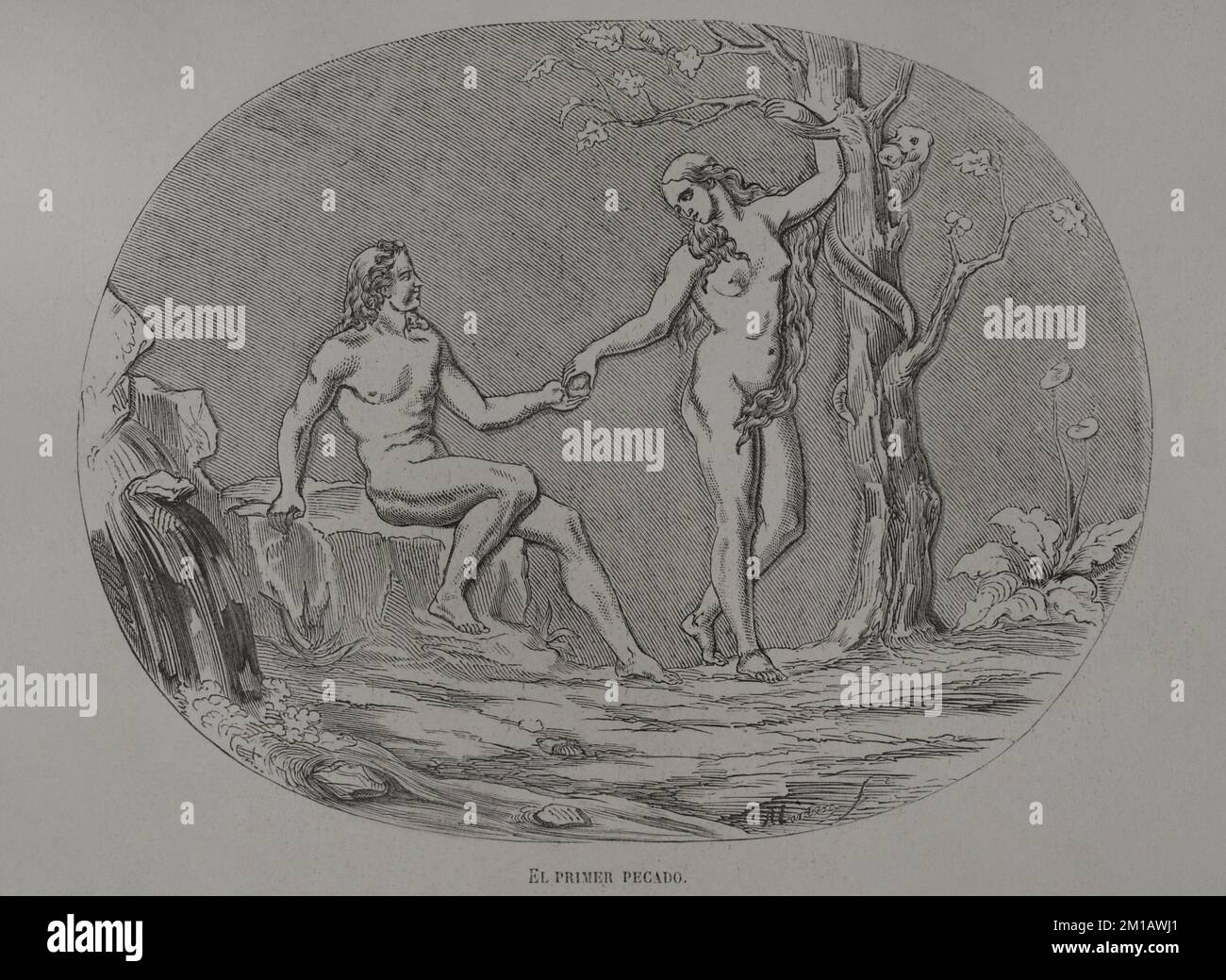 The First Sin. Engraving. 'Los Héroes y las Grandezas de la Tierra'. Volume I. 1854. Stock Photo