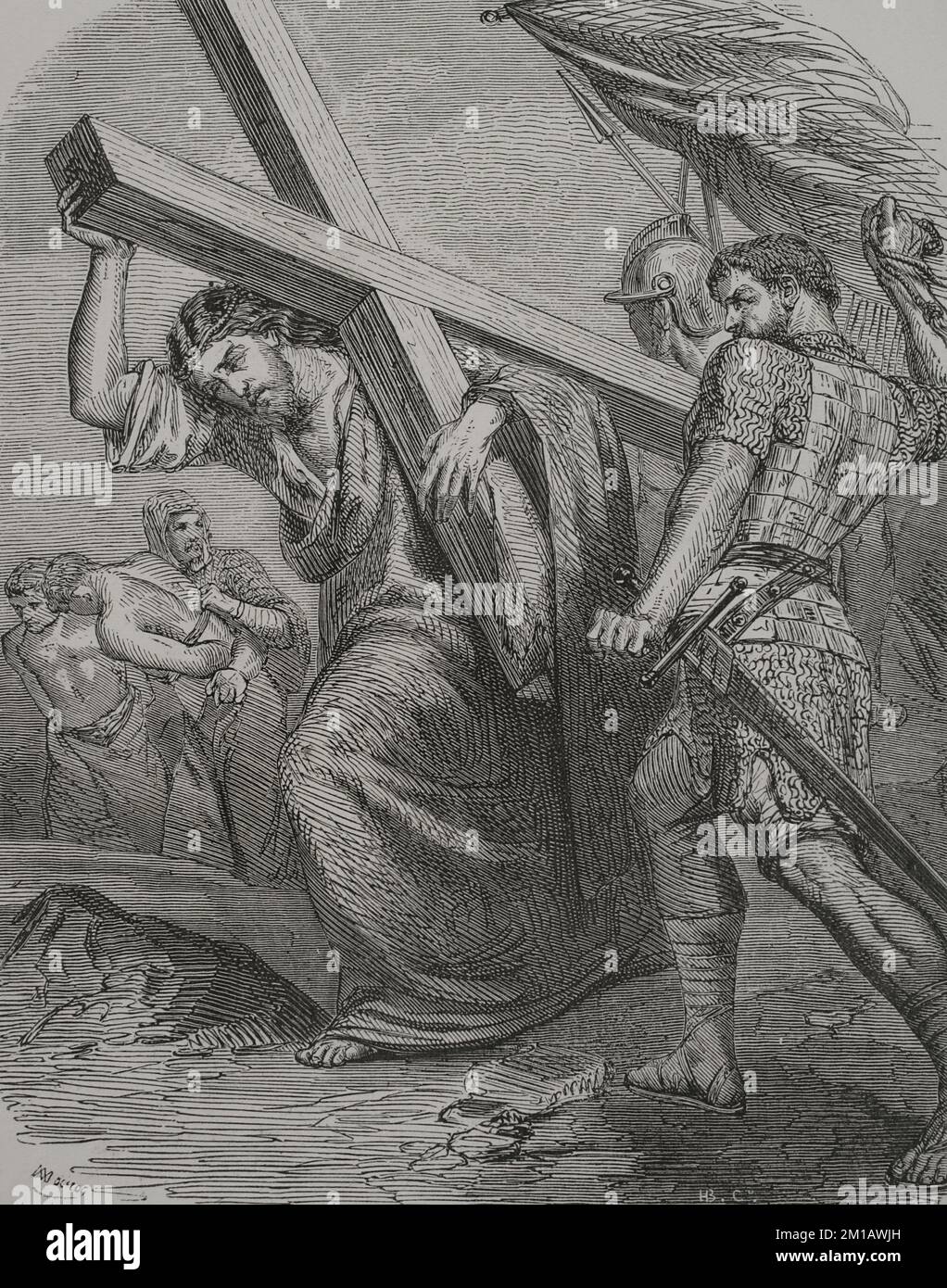New Testament. Passion of Christ. On the slope to Calvary. Engraving. 'Los Héroes y las Grandezas de la Tierra'. Volume I. 1854. Stock Photo