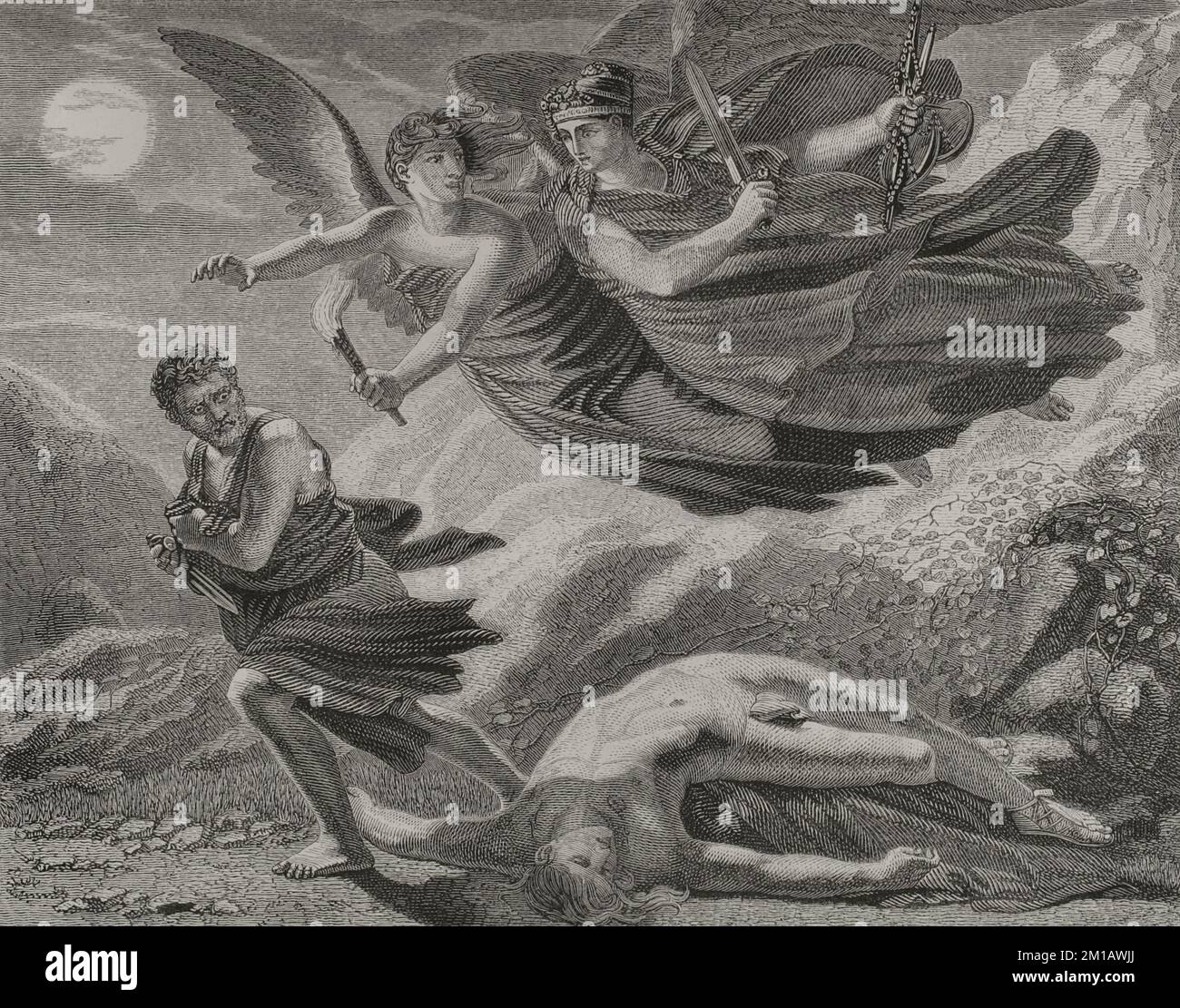 The Revenge and Justice chasing crime. Engraving by Trichon. 'Los Héroes y las Grandezas de la Tierra'. Volume I. 1854. Stock Photo