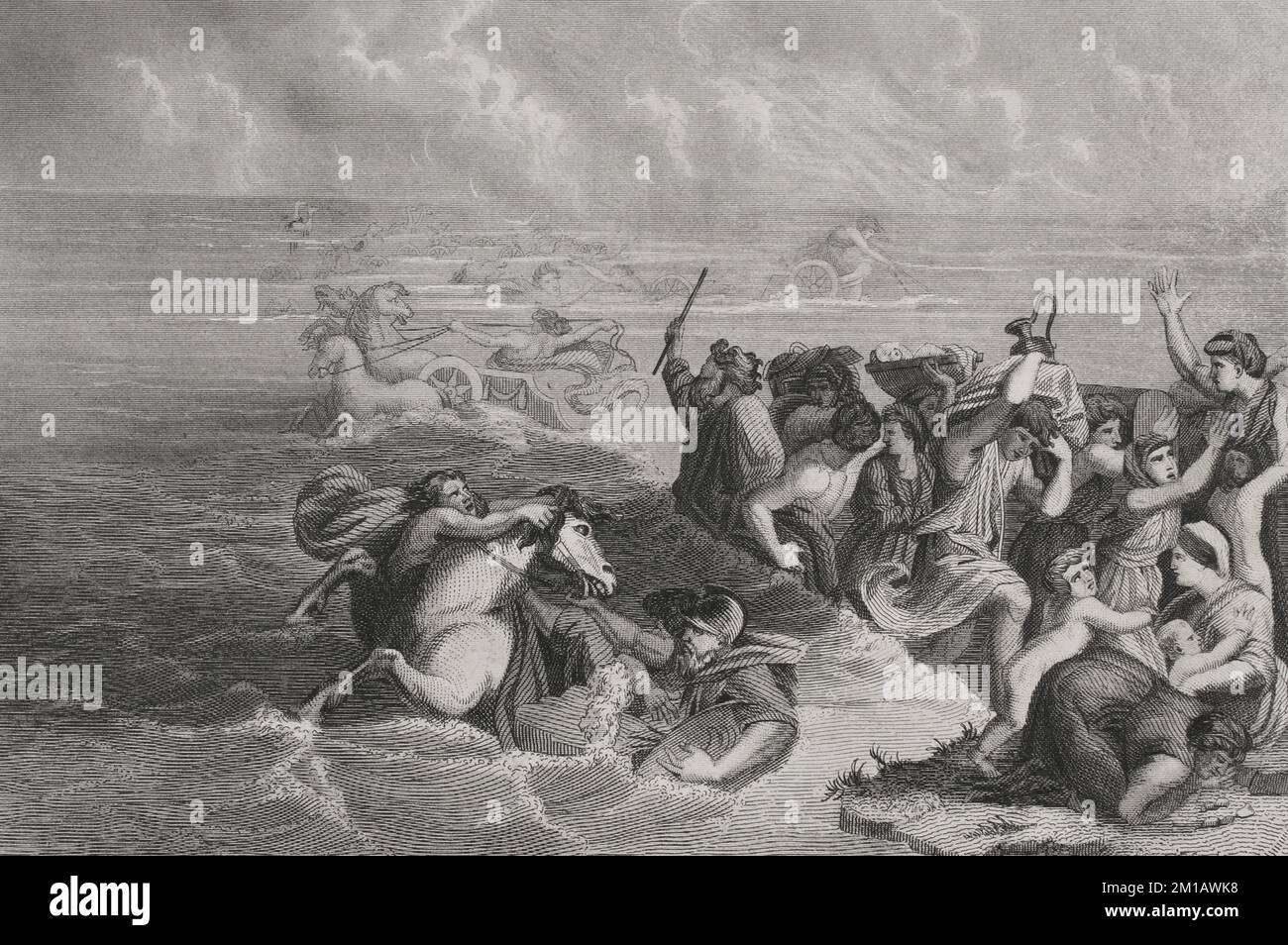 Old Testament. Exodus. The passage of the Red Sea. Engraving by A. Roca. 'Los Héroes y las Grandezas de la Tierra'. Volume I. 1854. Stock Photo