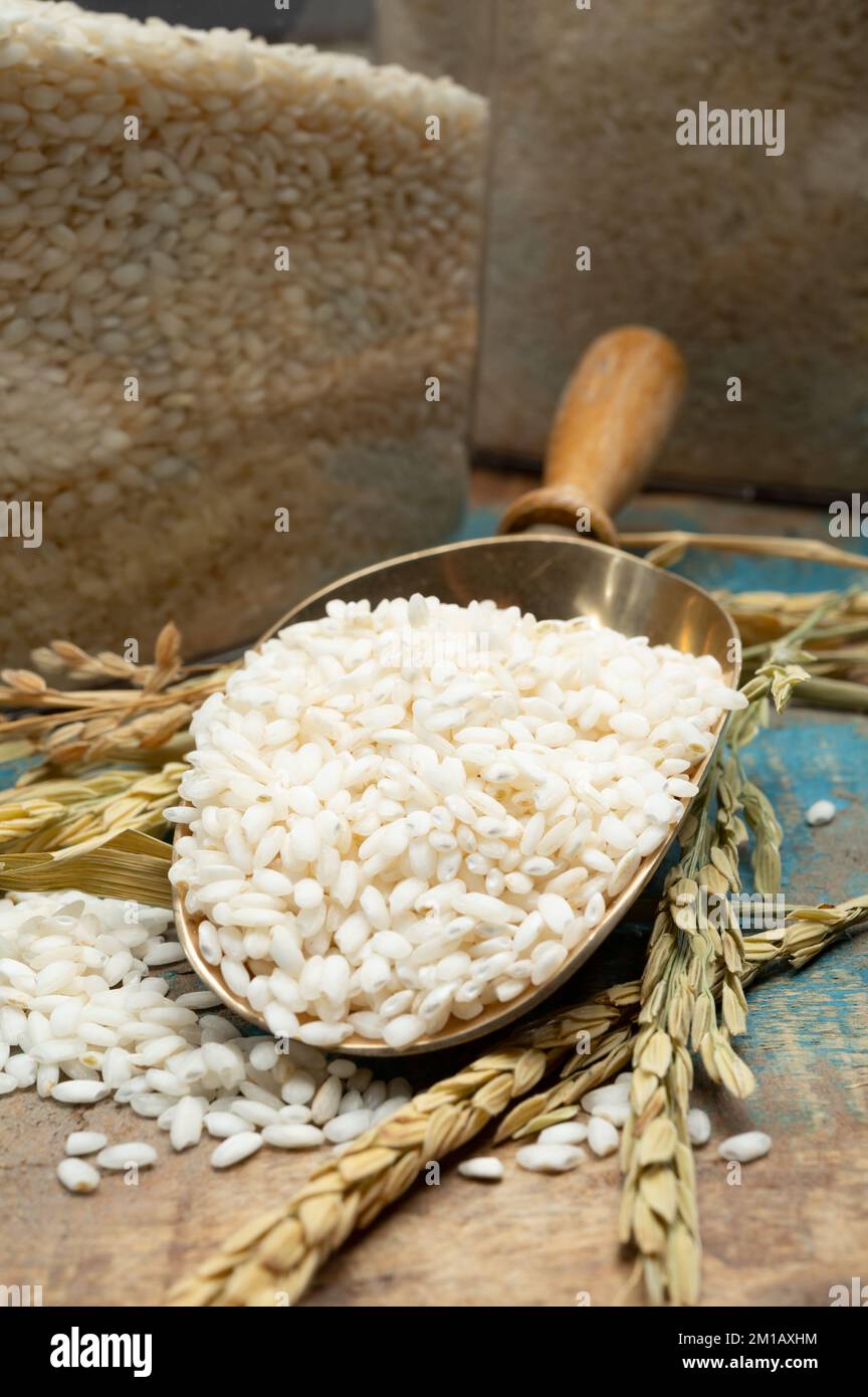 White italian arborio rice used for making risotto dish close up Stock
