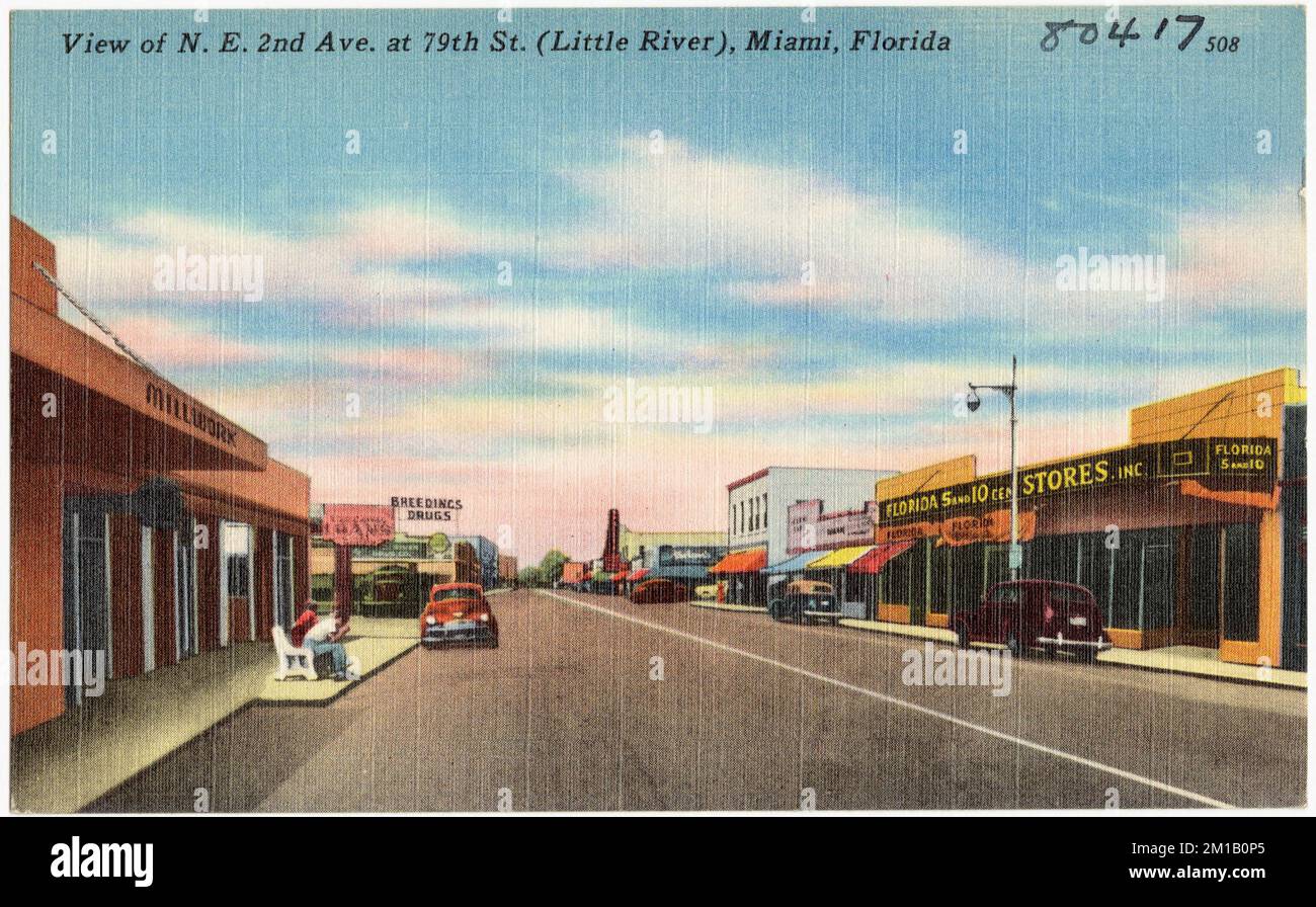 View of N.E. 2nd Ave. at 79th St. (Little River), Miami, Florida , Cities & towns, Tichnor Brothers Collection, postcards of the United States Stock Photo