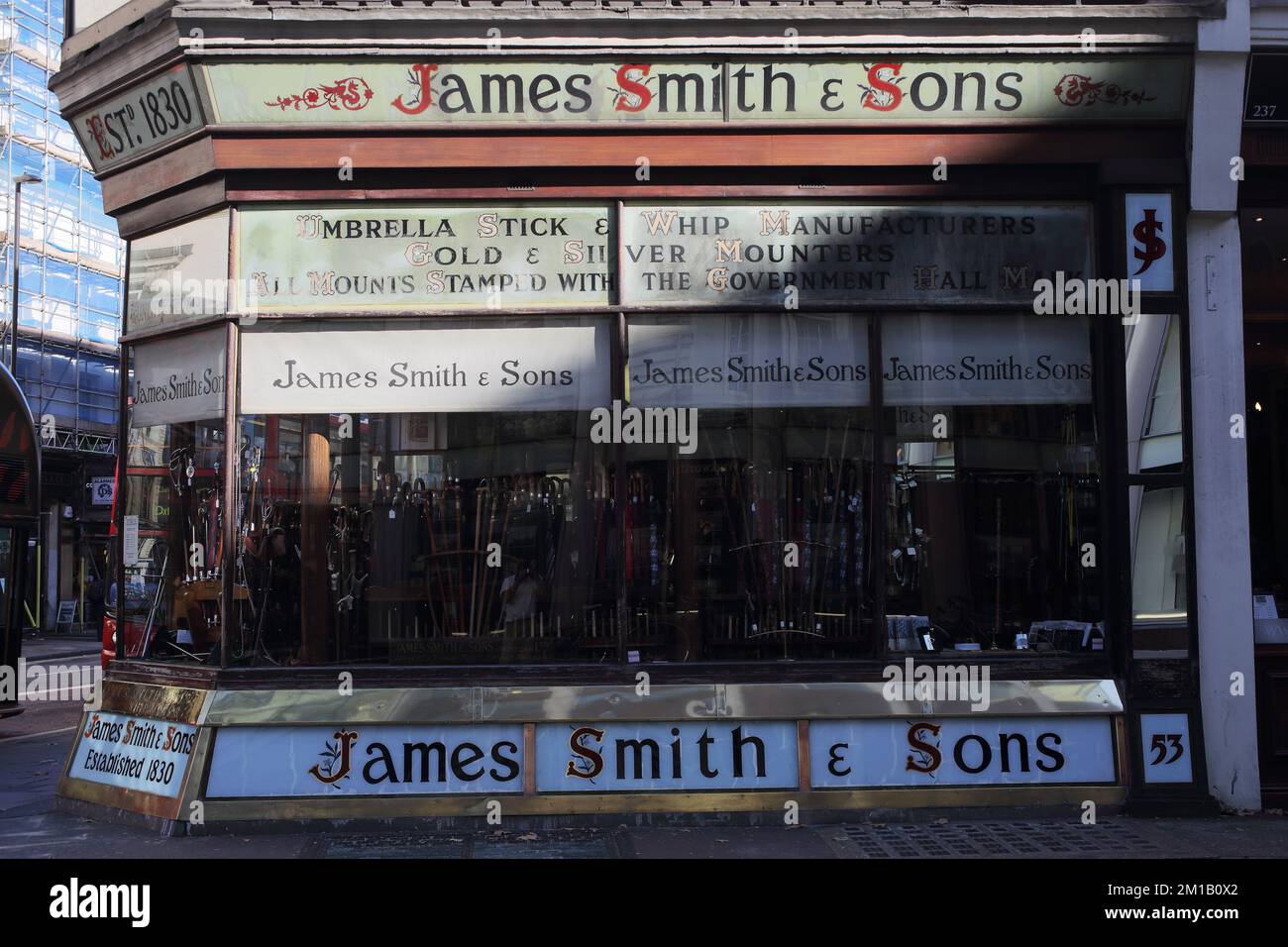 The James Smith & Son umbrella shop on New Oxford Street is a veritable time machine. Almost unchanged since its opening in 1830. Stock Photo