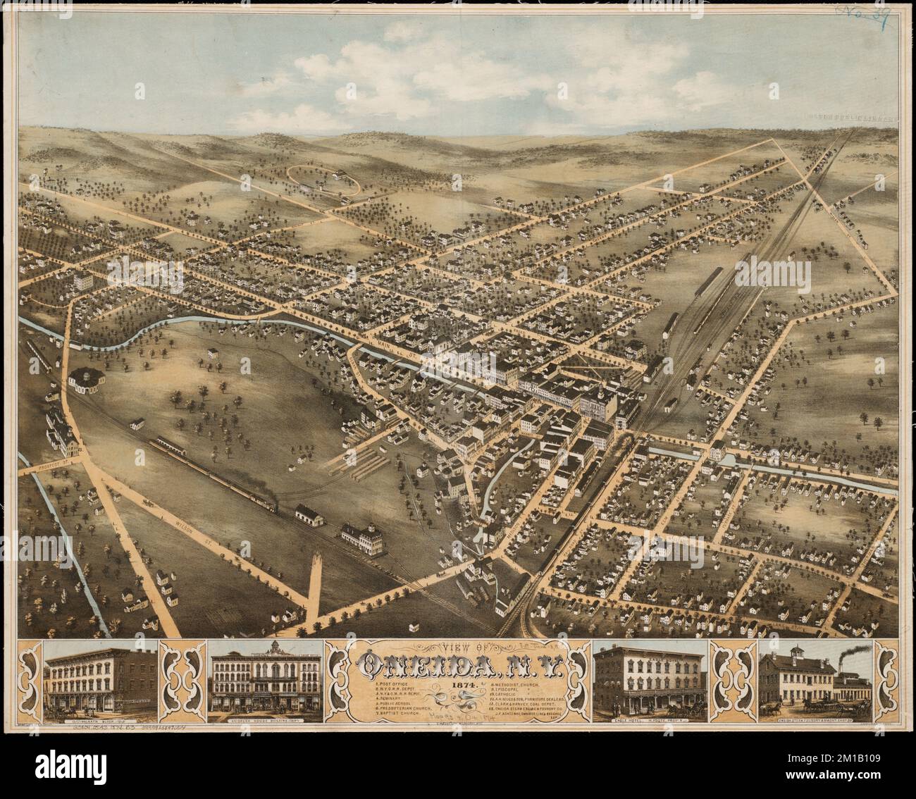 View of Oneida, N.Y 1874 , Oneida N.Y., Aerial views Norman B. Leventhal Map Center Collection
