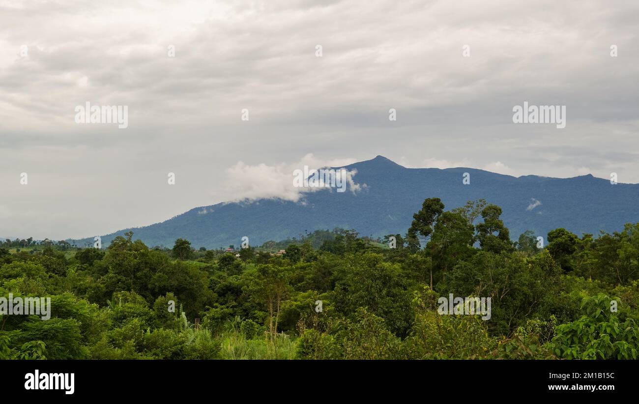 The cloudy gloomy sky over the green trees and silhouetted hill Stock ...