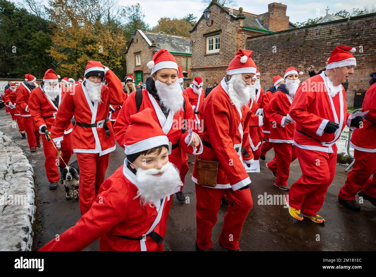 Walton Hall and Gardens, Warrington, Cheshire, England - Sunday 11 December 2022 - Warrington Disability Partnership held its second 3K Santa Dash around Walton Gardens on a slippy, snow covered circuit. Over 100 Santas took part raising money for the charity Credit: John Hopkins/Alamy Live News Stock Photo