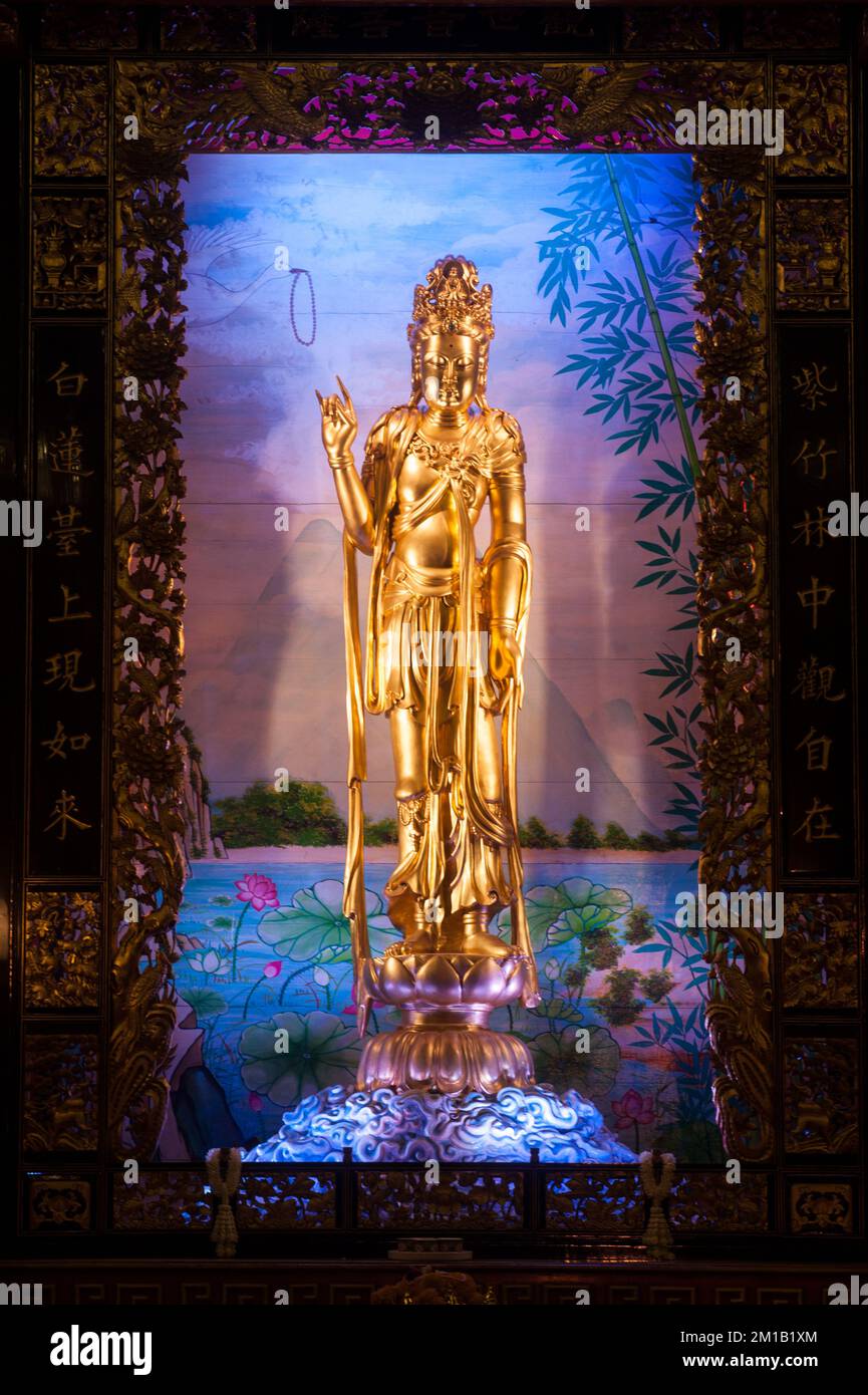 Golden Kuan Yin Statue, the Goddess of Mercy inside of Thian Fah foundation shrine in Chinatown