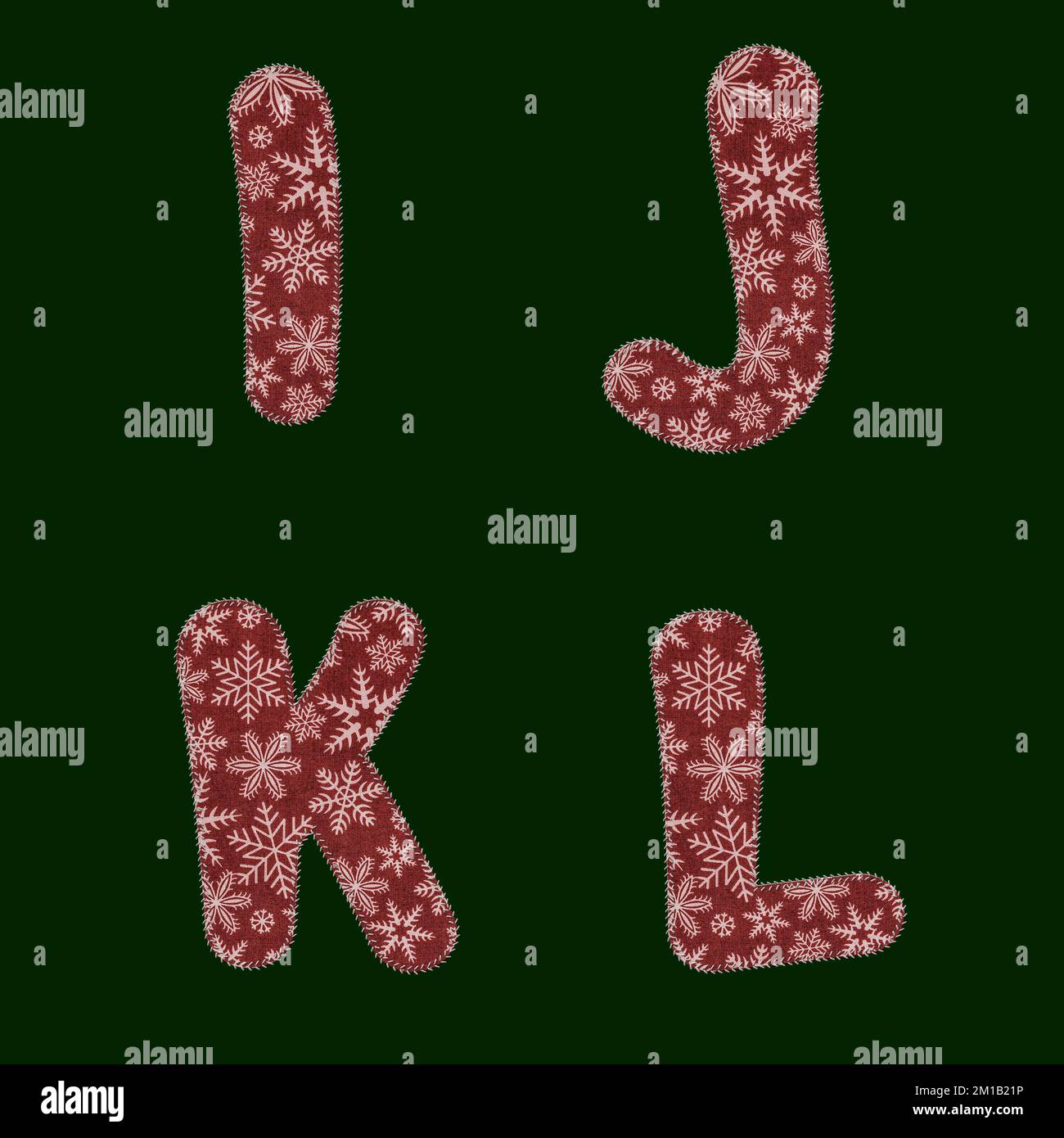 3d rendering of stitched red christmas fabric alphabet - letters I-L Stock Photo