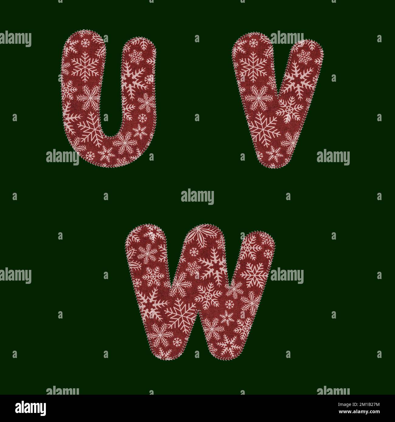 3d rendering of stitched red christmas fabric alphabet - letters U-W ...