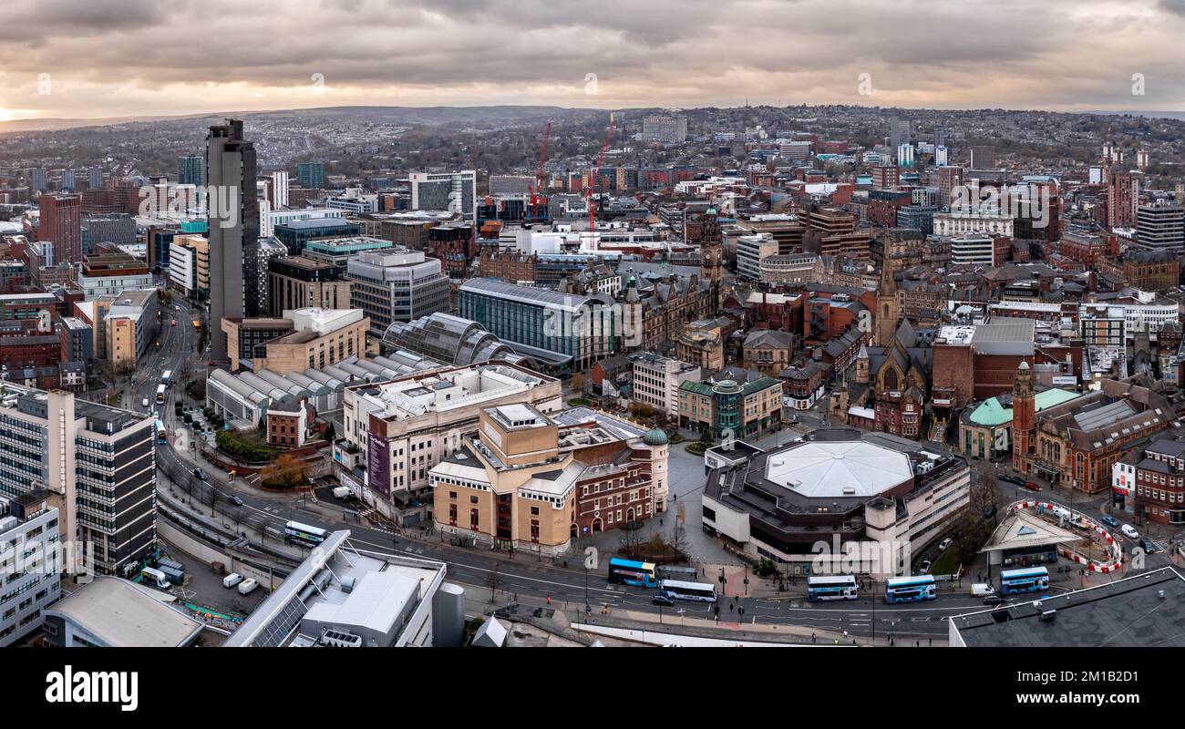 An aerial panorama of Sheffield city centre cityscape skyline at sunset with The Arts Tower, Winter Gardens and Crucible Theatre in the retail district Stock Photo