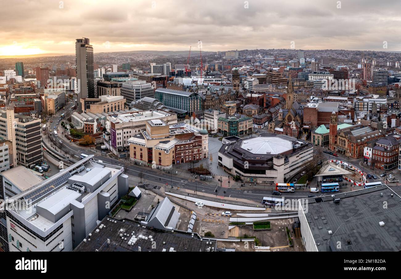 An aerial panorama of Sheffield city centre cityscape skyline at sunset with The Arts Tower, Winter Gardens and Crucible Theatre in the retail district Stock Photo