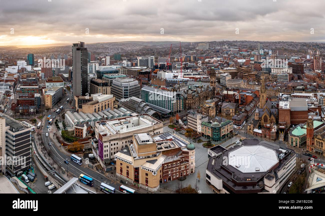 An aerial view of Sheffield city centre cityscape skyline at sunset with The Arts Tower, Winter Gardens and Crucible Theatre in the retail district Stock Photo