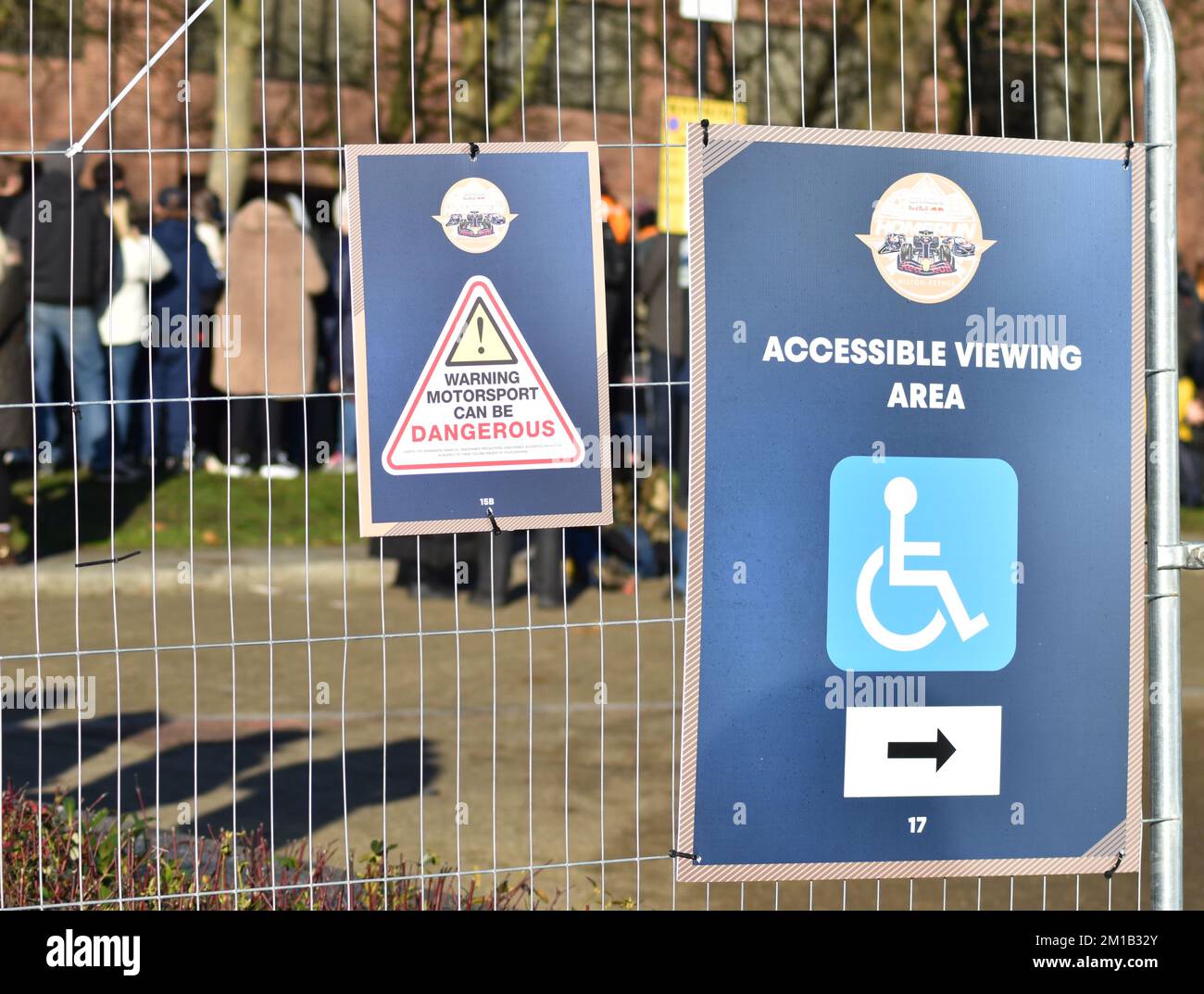 Notices at Redbull Racing's Homerun in Central Milton Keynes on 10 December 2022. Stock Photo