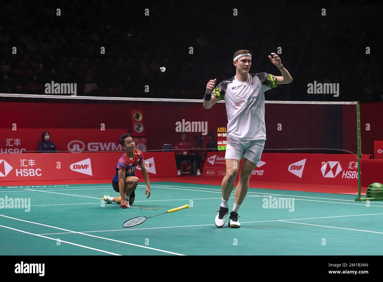 Viktor Axelsen of Denmark plays against Anthony Sinisuka Ginting of Indonesia during the Badminton Mens single Final match in the HSBC BWF World Tour Finals 2022 at Nimibutr Stadium