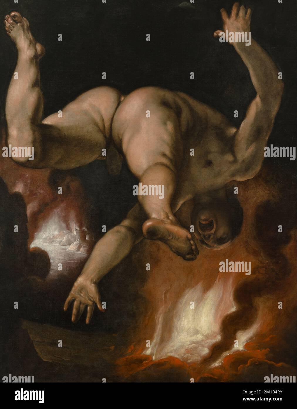 The Fall of Ixion. Painting by Cornelis van Haarlem. Ixion, In Greek mythology, Ixion was king of the Lapiths, the most ancient tribe of Thessaly. Stock Photo