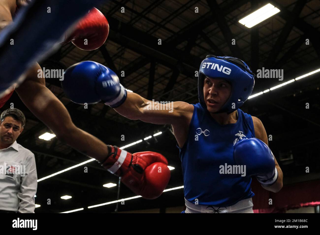 Lubbock, Texas, USA. 10th Dec, 2022. Action between STEPHANIE SIMON of Miami and STACIA SUTTLES of Philadelphia in their Elite Female 146lb championship bout. Simon was declared the winner by decision. (Credit Image: © Adam DelGiudice/ZUMA Press Wire) Stock Photo