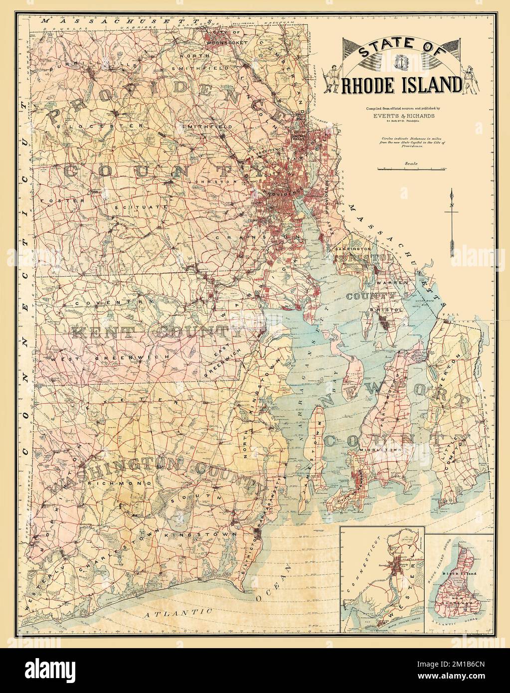 Rhode Island Antique Map 1890 features counties. Published 1890. This is a beautifully detailed historic, enhanced, restored reproduction. Shows counties, cities, towns, and other points of interest. Stock Photo