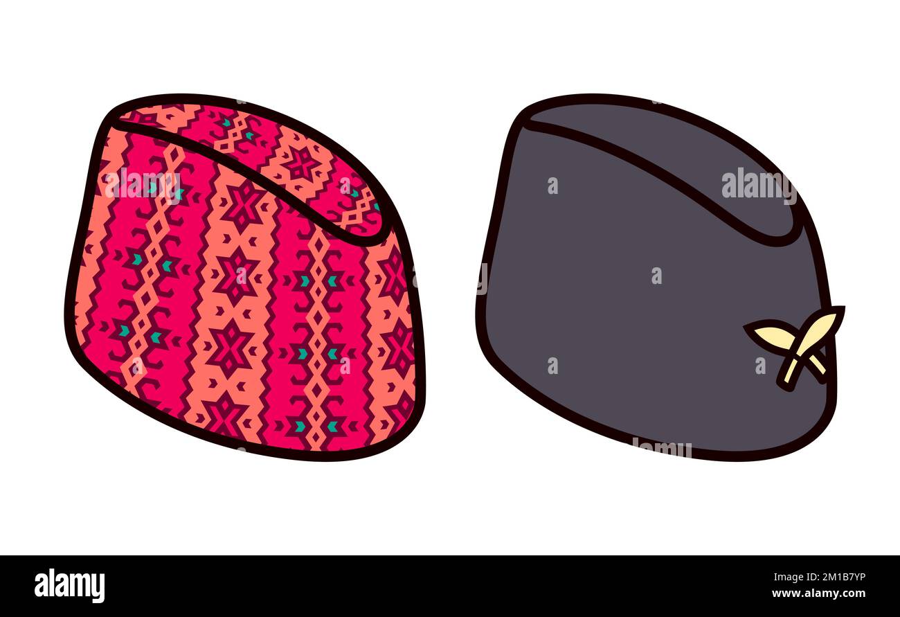 Dhaka topi and Bhaad-gaaule topi, traditional Nepalese hat. Bright Dhaka pattern and black cap with kukri sword badge. Vector illustration. Stock Vector