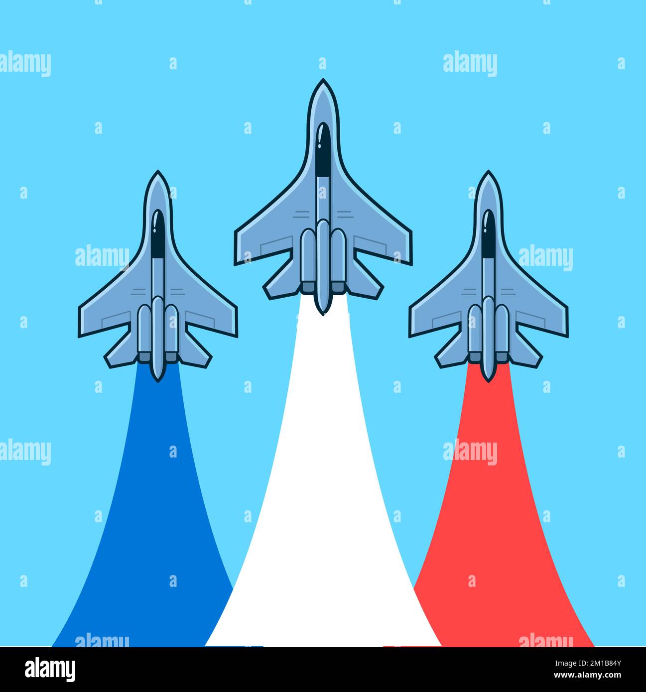Three military fighter jets with flag colored trails (blue, red and white). Air force show, vector illustration. Stock Vector