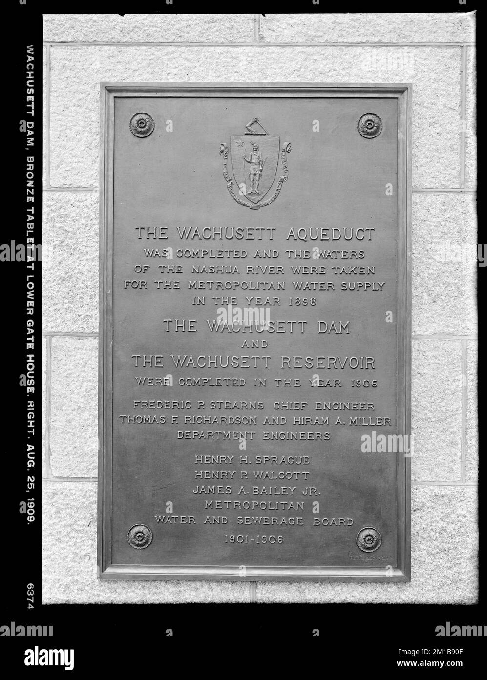 Wachusett Dam, bronze tablet at Lower Gatehouse, right, Clinton, Mass., Aug. 25, 1909 , waterworks, tablets Stock Photo