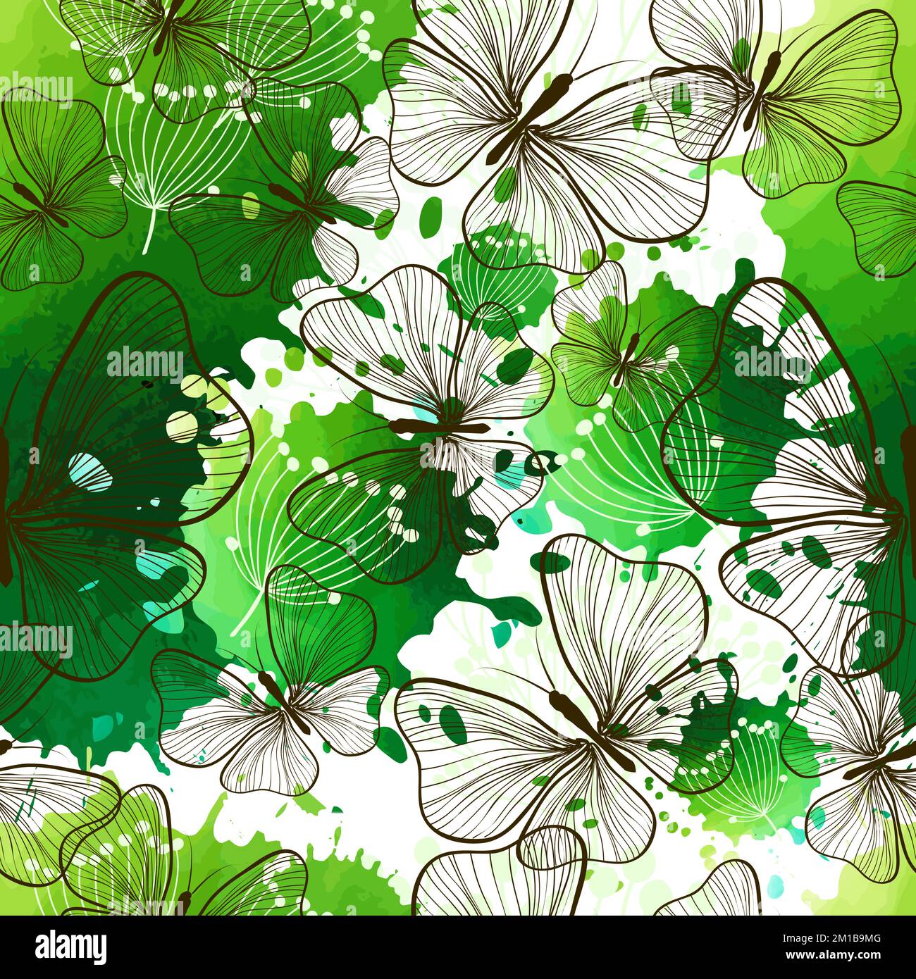 Beautiful seamless pattern of butterflies and green blots. Hand painted ...
