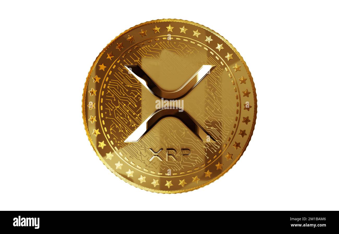 Ripple XRP cryptocurrency isolated gold coin on green screen background. Abstract concept 3d illustration. Stock Photo