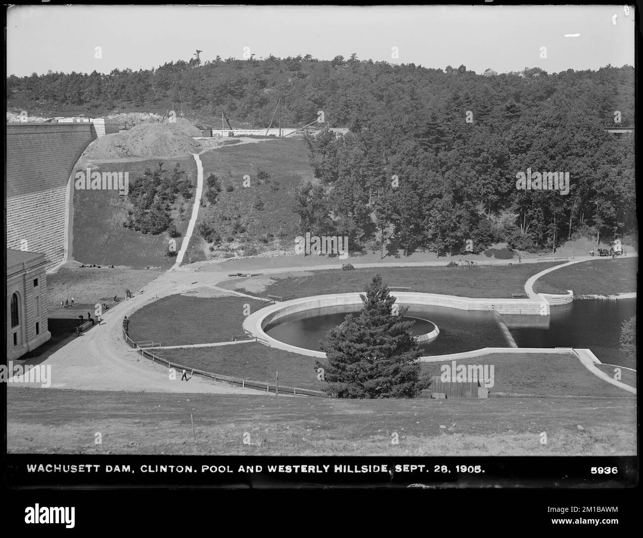 Wachusett Dam, pool and westerly hillside, Clinton, Mass., Sep. 28, 1905 , waterworks, dams, construction sites Stock Photo