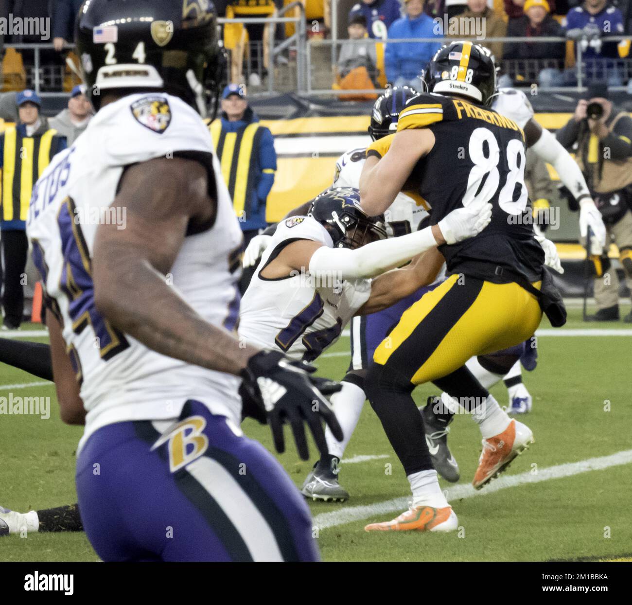 Pittsburgh Steelers tight end Pat Freiermuth (88) scores a touchdown to bring the Steelers to within two points in the fourth quarter of the 16-14 Baltimore Ravens win at Acrisure Stadium on Sunday, December 11, 2022 in Pittsburgh.  Photo by Archie Carpenter/UPI Stock Photo