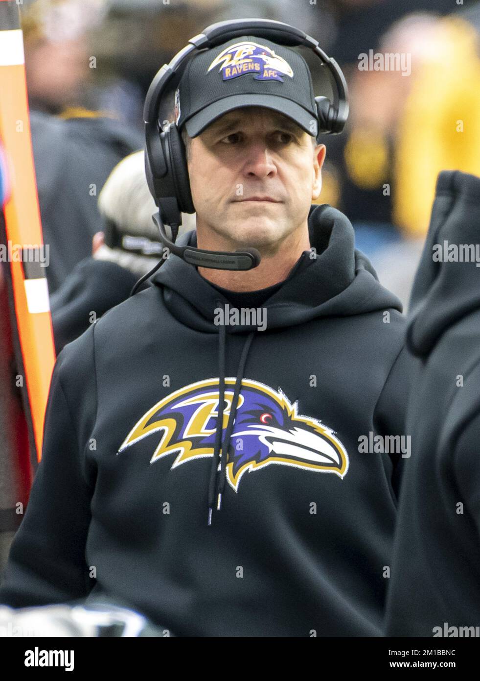 Baltimore, United States. 03rd Nov, 2019. Baltimore Ravens head coach John  Harbaugh (R) reacts after a point after touchdown during a 37-20 win over  the New England Patriots at M&T Bank Stadium