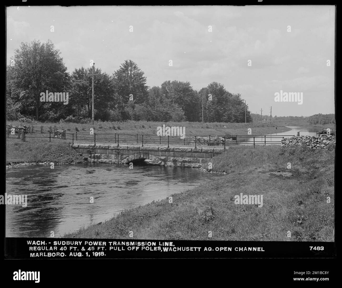 Wachusett Department, Wachusett-Sudbury power transmission line, regular 40-foot and 45-foot pull-off poles, Wachusett Aqueduct, Open Channel, Marlborough, Mass., Aug. 1, 1918 , waterworks, power lines, aqueducts, construction completed Stock Photo