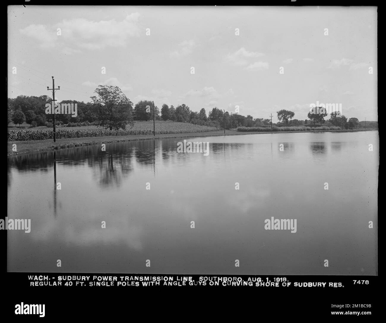 Wachusett Department, Wachusett-Sudbury power transmission line, regular 40-foot single poles with angle guys on curving shore of Sudbury Reservoir, Southborough, Mass., Aug. 1, 1918 , waterworks, power lines, construction completed Stock Photo