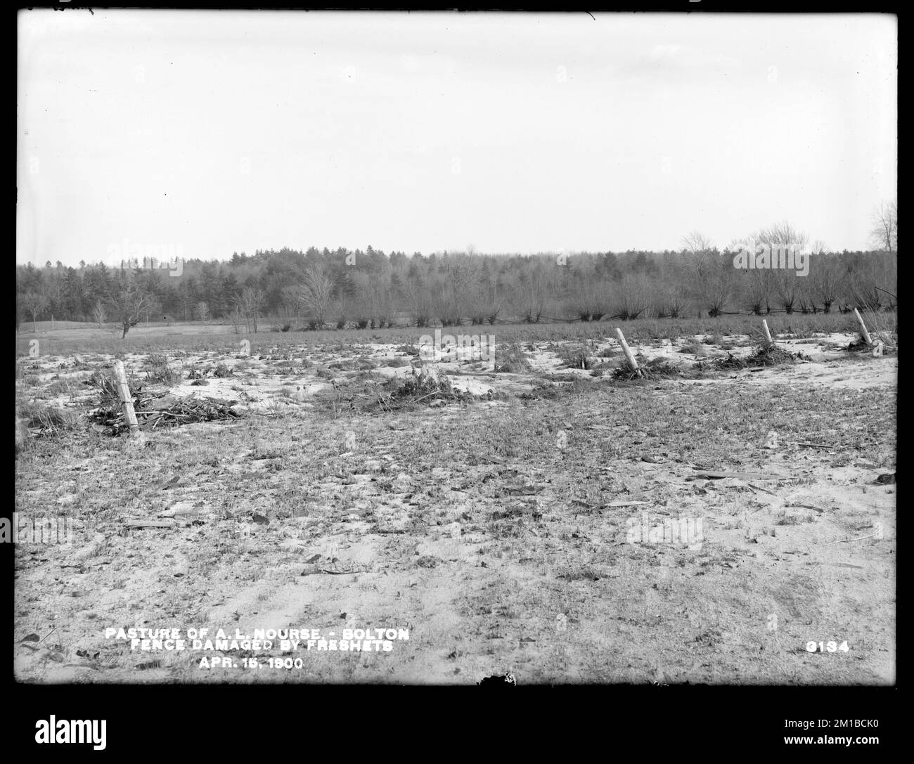Wachusett Reservoir, A. L. Nourse's pasture, fence damaged by freshets, Bolton, Mass., Apr. 15, 1900 , waterworks, reservoirs water distribution structures, watershed sanitary improvement Stock Photo