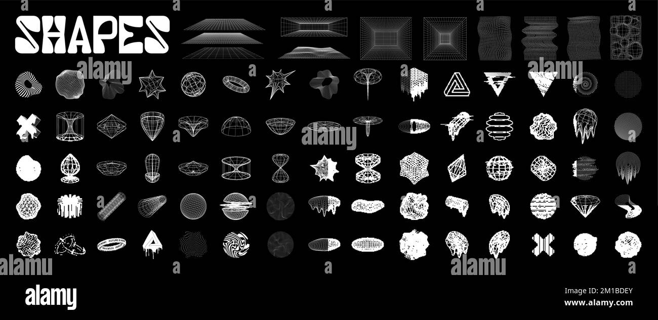 Retrofuturistic graphic pack. Universal geometric shapes. Cyberpunk Stock Vector