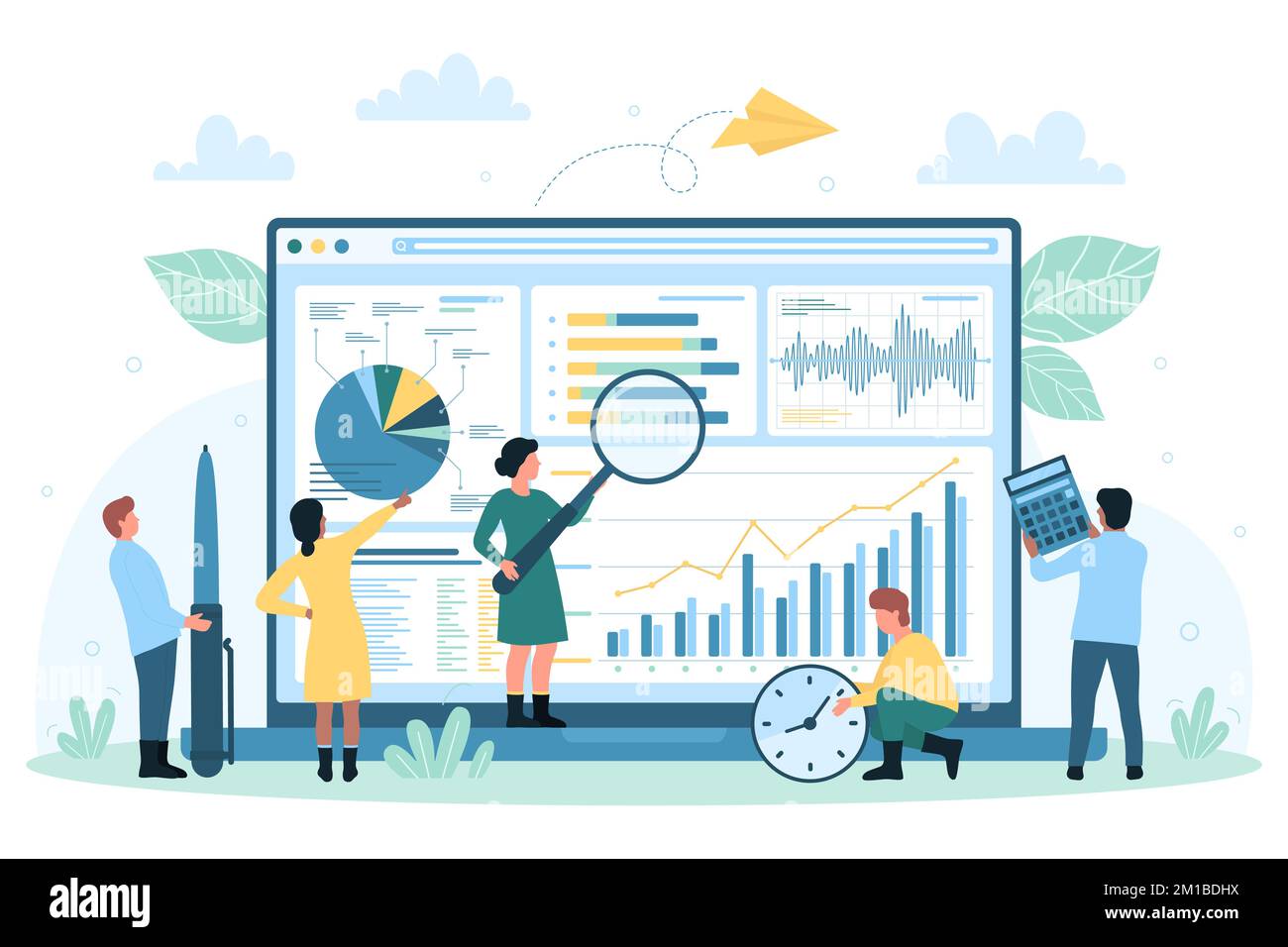 Data monitoring and analysis on desktop vector illustration. Cartoon tiny people with magnifying glass research graphs, charts and diagram on laptop screen, monitor financial report growth for trade Stock Vector