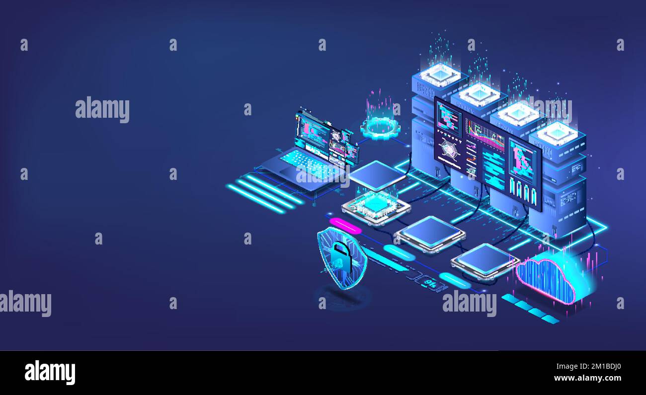 Data Processing Center and Cloud Storage. Isometric digital storage Stock Vector