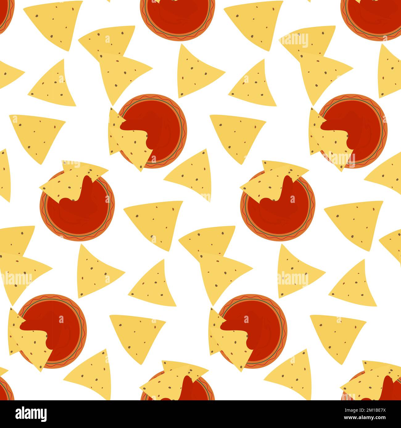 Endless pattern with traditional nachos corn chips and red tomato sauce in cartoon style. Mexican food. Good for web, wallpaper, poster, cards or invitation, label, menu for bars and restaurants. EPS Stock Vector