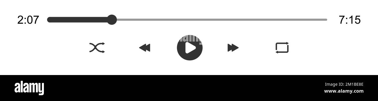 Audio or video player loading progress bar with timer slider. Play, shuffle, repeat, rewind and fast forward buttons. Template of media player playback panel interface. Vector graphic illustration Stock Vector