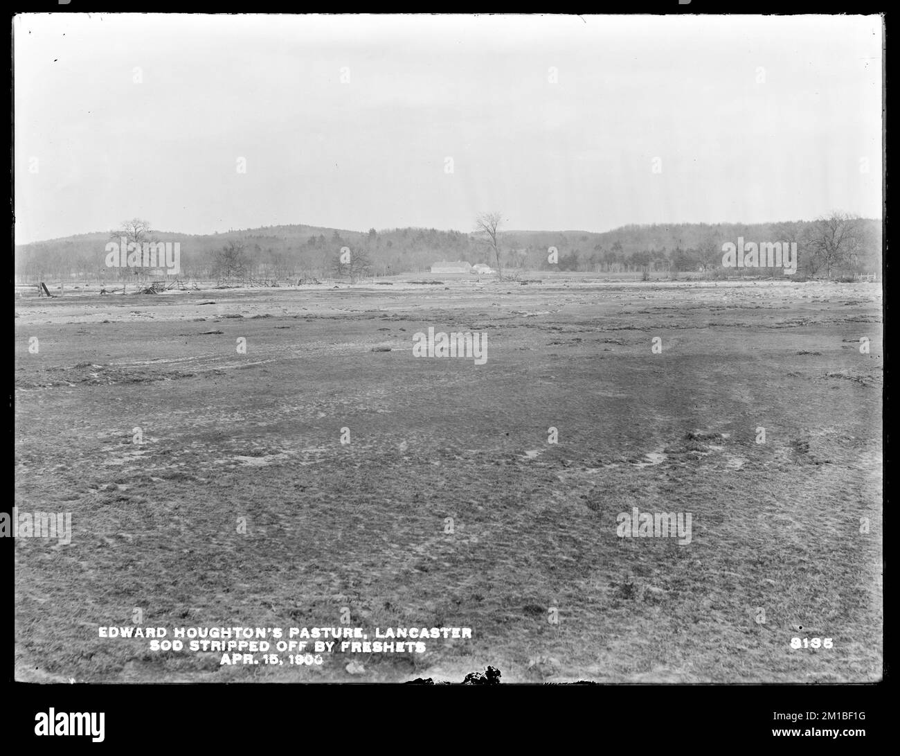 Wachusett Reservoir, Edward Houghton's pasture, sod stripped off by freshets, Lancaster, Mass., Apr. 15, 1900 , waterworks, reservoirs water distribution structures, watershed sanitary improvement Stock Photo