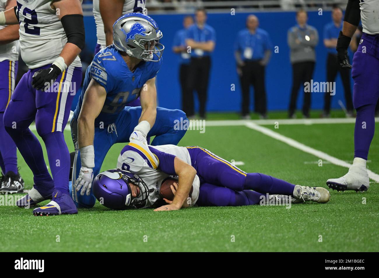 Detroit Lions defensive end Aidan Hutchinson (97) pursues a play against  the Detroit Lions against the Buffalo Bills during an NFL football game,  Thursday, Nov. 24, 2022, in Detroit. (AP Photo/Rick Osentoski