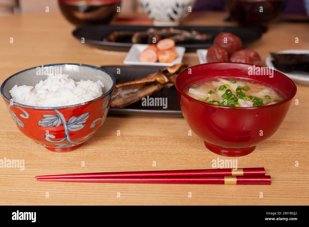 A traditional Japanese style home cooked breakfast with rice, miso soup ...